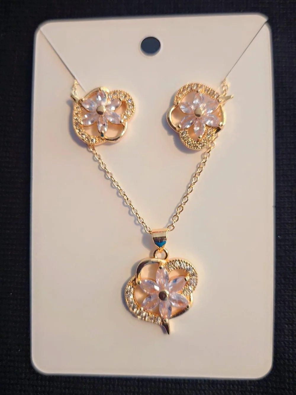 Gold Floral Crystal Necklace and Earring Set - Pink Flower Accents